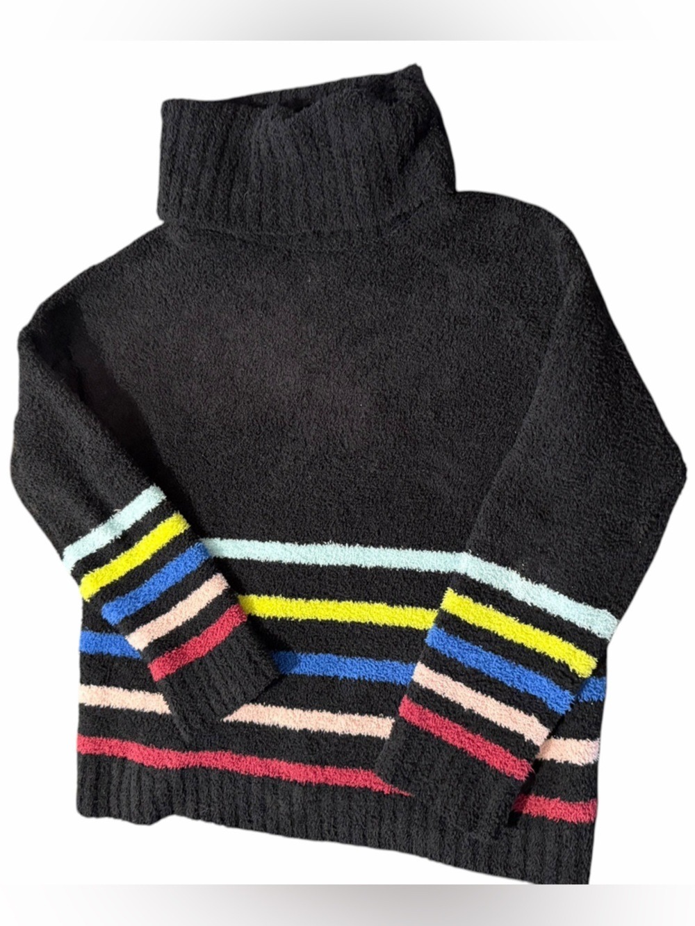Chelsea & Theodore Cowl Neck Pullover Chenille Sweater Black Rainbow Stripes Med